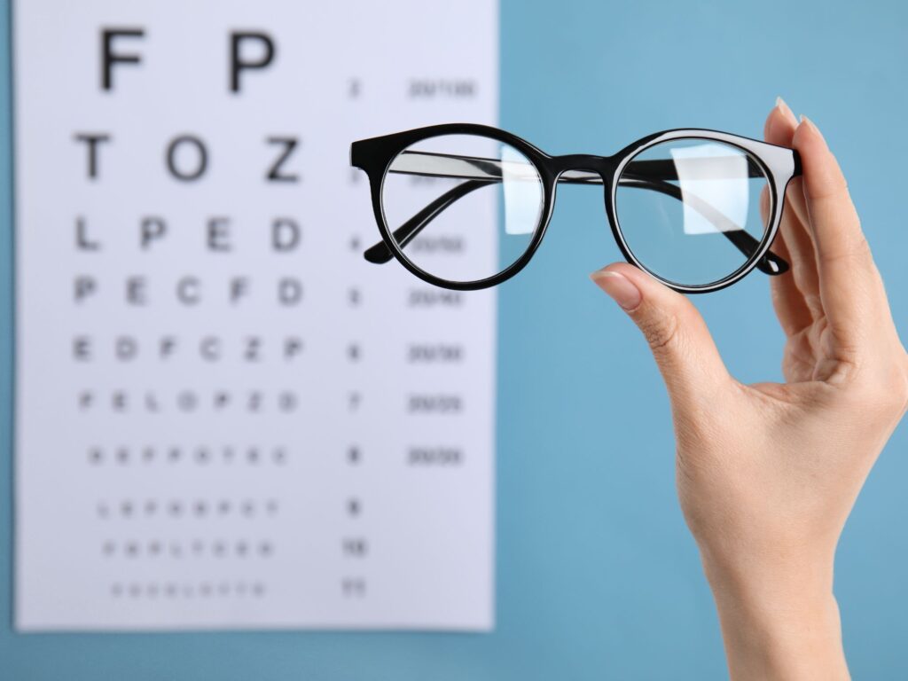a hand holding up a pair of prescription glasses in front of an eye chart with letters on it
